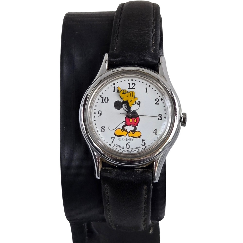 Disney Lorus V515-6080 Mickey Mouse Quartz Watch Black Leather Tested